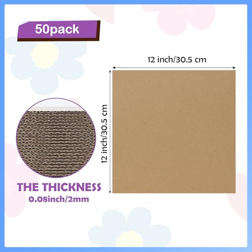 Image of RLAVBL 50 Pack 12x12 Corrugated Cardboard Sheets, Flat Cardboard Inserts for Shipping, Mailing, Packing, DIY Crafts