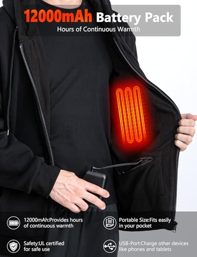 Heated Hoodie for Men and Women 6 Heating Zones, Zip Up Heated Sweatshirt with 12000mAh Battery Pack4