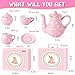 TUZT Tea Party Set for Little Girls Ages 3-8, Pink Heart Porcelain Tea Set with Gold Trim Edges, Princess Tea Time Toy Includes Pot & Cups & Saucers & Suitcase, Birthday Gifts for Toddlers Girls