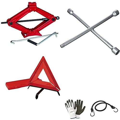 DESCRIZIONE E CARATTERISTICHE PRODOTTO: OFFERTISSIMA DI 3 PRODOTTI D'EMERGENZA 1- Cric pantografo per sollevamento gomme con maniglia e base in acciaio - Cric a pantografo con maniglia - Base in acciaio che permette un ancoraggio perfetto al suolo - asta girevole - compatto quando è chiuso - solleva fino a 2.000 kg = 20 quintali = 2 tonnellate - omologato - Alzata minima 105 mm - alzata massima 380 mm - facile da usare - pronto all'uso 2- Chiave a croce per svitare i bulloni