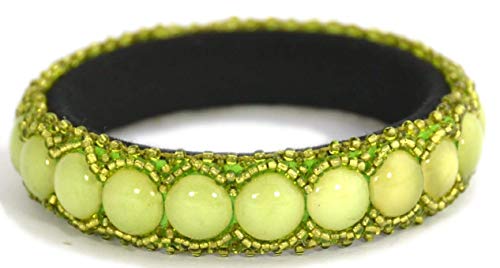 Bracelet jonc vert pâle en porcelaine d'art et perles de verre artisanales
