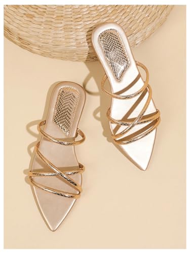 GORGLITTER Women's Metallic Sandals Open Toe Flat Strappy Dressy Fancy Slide Sandals4