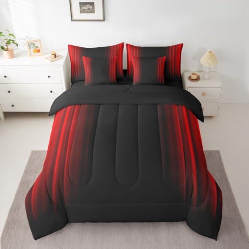 Feelyou Abstract Ombre Comforter Set with Sheets Kids Teens Red and Black 7 Piece Bedding Set Room Decor Queen Size