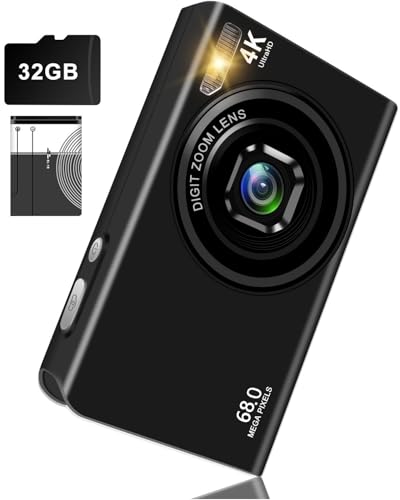 デジカメ 4K 6800万画素 30FPS デジタルカメラ 16Xデジタルズーム AFオートフォーカス 笑顔検出 充電式YouTubeカメラ 初心者向け ウェブカメラ 誕生日 VLOG クリスマス 新年 軽量 小型 携帯便利 ポケットカメラ 32GBMic