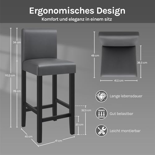 WOLTU Barhocker Holz Bistrostuhl Bistrohocker mit Lehne, 2er Set, Massivholz, Antirutschgummi, Kunstleder, dick gepolsterte Sitzfläche, Grau