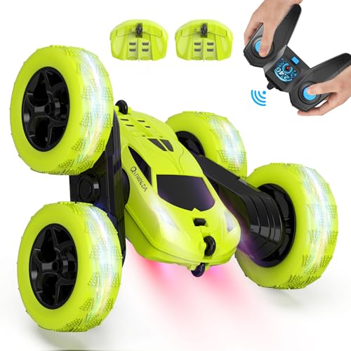 QUNREDA Remote Control Car for Kids Ages 6+, RC Cars Stunt Car Toy 4WD Double Sided 360° Rotating Remote Control with Headlights, Birthday Xmas Gifts for Boys 6 7 8 9 10 11 12 Green