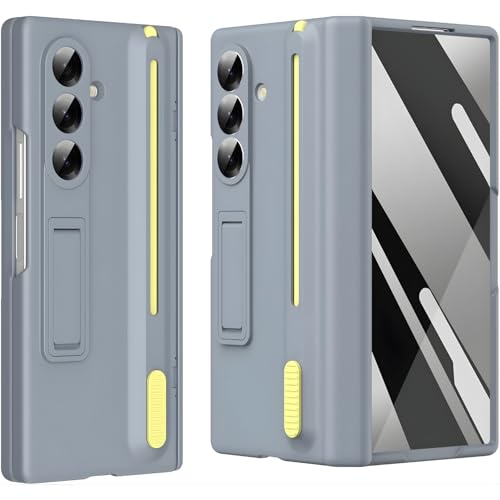 Image of Premium Hybrid Case Compatible with Samsung Galaxy Z Fold 6- S Pen Compatible, Tempered Glass Protector, Built-in Kickstand & Anti-Scratch Comfortable Grip (Gray, Samsung Galaxy Z Fold 6)