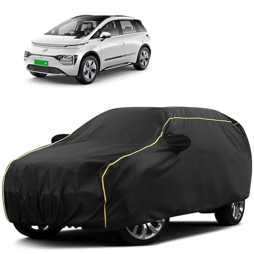 Image of Sulfar 100% Water Resistant Car Body Cover Compatible with Mirror for MG Windsor EV (Triple Stitched, Full Bottom Elastic, Black Tafetta with Yellow Piping)