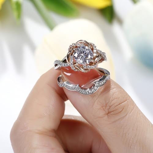 Image of Jeulia Halo Solitaire Engagement Rings for Women Sterling Silver Floral Flower Rings Rose Gold Plated Diamond Ring Round Cut Bridal Ring Set Anniversary Promise Rings for Her