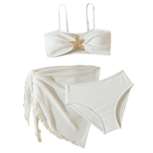 Bikini deportivo para niña, set de 3 piezas, manga larga, protección UV, bikini con falda, Blanco, 11-12 años