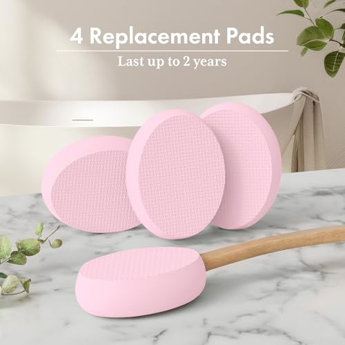 Image of AmazerBath Lotion Applicator for Back, Feet, 4 Replaceable Pads with Long Handle, Back Sunscreen Applicator for Elderly, Women, Apply Cream Medicine Skin Cream Moisturizer Sunscreen Tanner, Pink