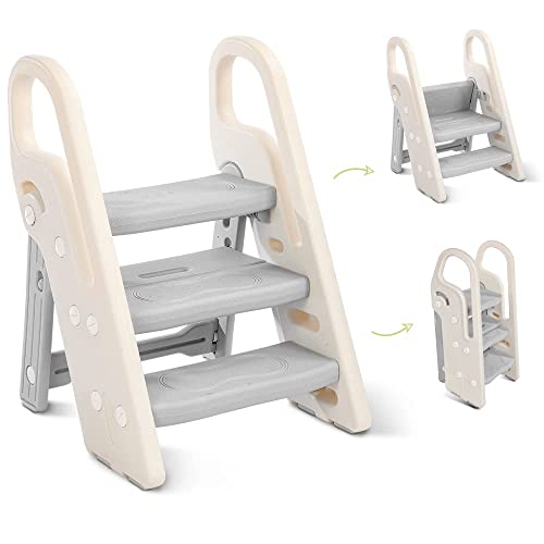 Onasti Taburete Plegable de Escalon Infantil, Taburete Niños 3 peldaños, Asiento de Entrenamiento para Inodoro, multifunción, Ajustable en Altura, Antideslizante (Gris)