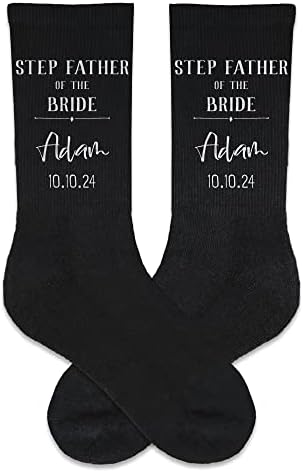 Step Father of the Bride Socks with Name, Date and Role - Personalized Crew Socks for Wedding Day - Custom Printed Black Wedding Party Socks