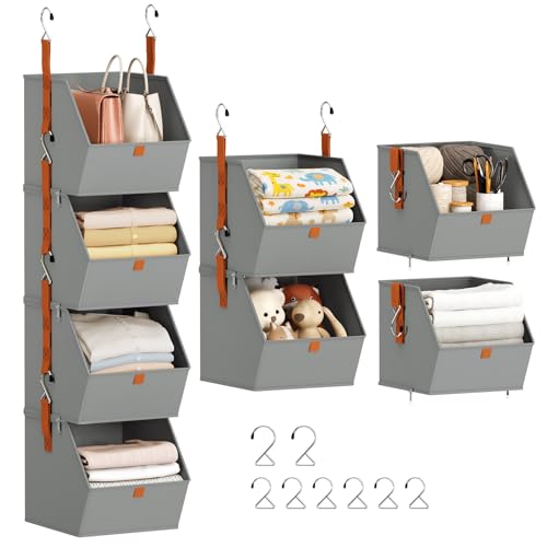 Image of Homsorout Hanging Closet Organizer 4 Tier - Clothes Hanging Shelves, Space-Saving Closet System, Fabric Storage Bins Bedroom Organization, Collapsible Baskets for Home, Dorm, Rv, Grey