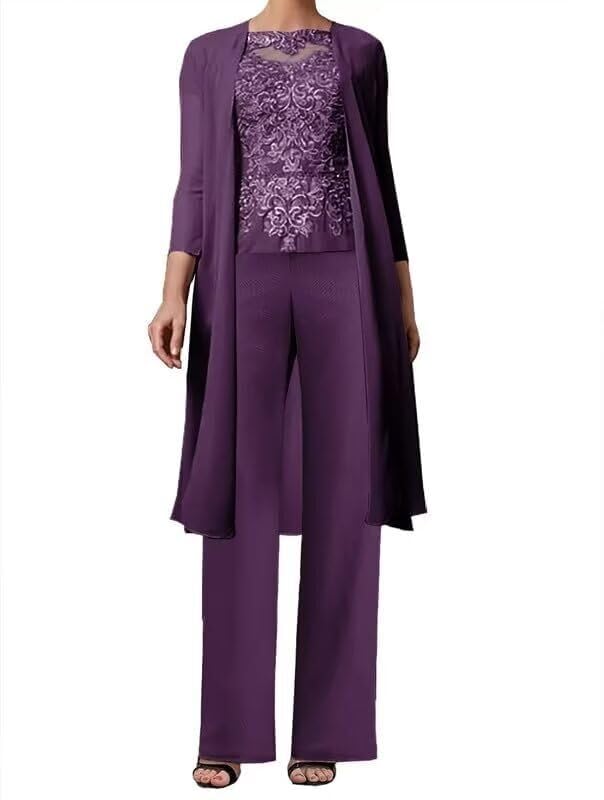 3 Pieces Mother of The Bride Pant Suits for Wedding with Jacket Black Lace Appliques Formal Pantsuits for Women MJ004 6