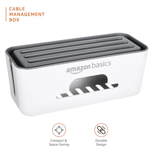 Image of Amazon Basics - Cable Management Box with Mobile Stand - Power Strip, Cords, Wires | Surge Protector Hiding Cover Organizer for Home, Office (White)