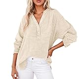 Generisch Damen Bluse Locker Gerafft Oversize Hemd mit Rundhals Dünner Fließender Stoff Übergangsshirt Einfarbig Puffärmel Locker Fallend Elegant für Büro Freizeit (1-Beige, XXXXL)