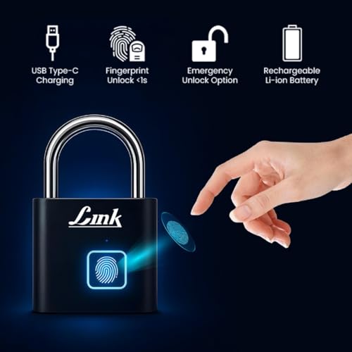 Image of Link Smart Bio-Mini Fingerprint Padlock - Keyless Biometric Lock | Morse Code Emergency Access, Rechargeable Battery, USB-C Backup - for Travel, Gym, Office, Luggage & Home Security-3 Years Warranty