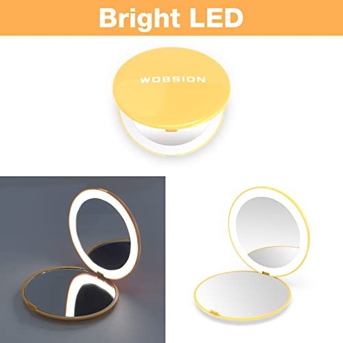 Wobsion Small Travel Makeup Mirror, 1X/10X Compact Magnifying Mirror With Light,3.5In Handheld 2-Sided Pocket Mirror,Led Compact Mirror For Purse, Portable Travel Size Mirror For Handbag,Gift,Yellow #TOP3