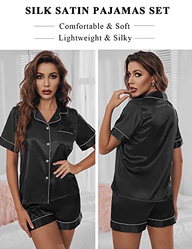 Anjue Silk Satin Pajamas Set Women's Short Sleeve Sleepwear Soft Pjs Shorts Set Two Piece Button Down Pj Set S-XXL2