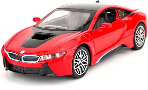 Image of 1:32 BMW i8 Diecast Toy Car Pull Back Metal Car with Openable Doors Sound & Light Features Realistic Kids Gift & Collectible Model for Boys & Girls (Red)