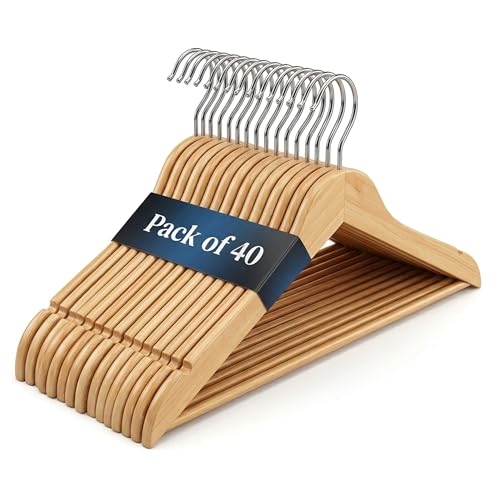 Premium Strong Brown Wooden Coat Hangers Pack of 40 Heavy Duty Solid Wood Hangers with Non Slip Trouser Bar 360 Rotating Hook Space Saving Closet Organizer for Clothes Coats Suits & Jackets