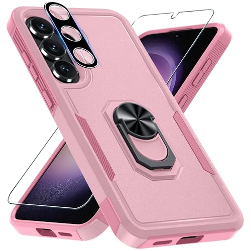 Janmitta for Samsung Galaxy S25 FE Case with Screen Protector+Camera Lens Protector,Heavy Duty Shockproof Full Body Protective Cover Built in Rotatable Metal Ring Holder Kickstand,2025 Cute Pink