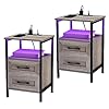 Nightstands Set of 2Nightstand with Charging Station and RGB Lights2 Drawers Bedside Table with USB Ports and OutletsIndustrial End Table for Living Room BedroomGrey