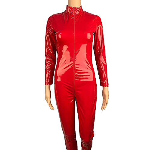YGCLOTHES Damen-Catsuit aus glänzendem Kunstleder, metallisch, langärmelig, mit Reißverschluss, Einteiler, Rot, XL Cover