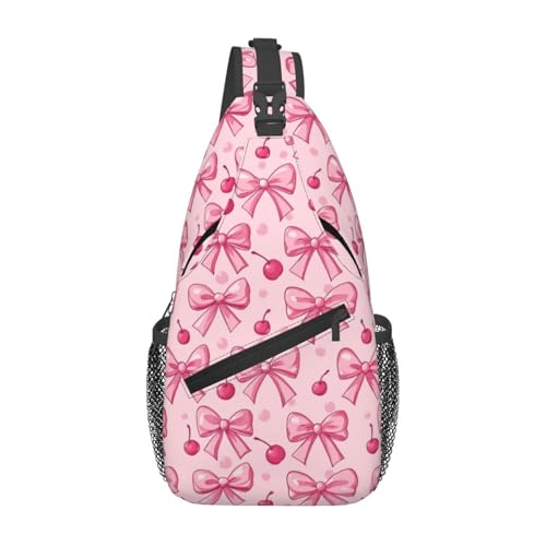 Image of SUPLUCHOM Sling Bag Pink Bows Cherry Hiking Daypack Crossbody Shoulder Backpack Travel Chest Pack for Men Women