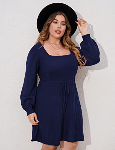 Image of Women's Plus Size Casual Sweater Dress Square Neck Long Lantern Sleeve Tie Waist Loose Pullover Sweater Dresses