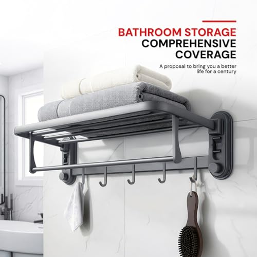 Image of Amazon Basics Suction Towel Holder for Bathroom - Rust - Free Powder Coated Wall Mounted Towel Rack | No Drill Towel Rack | Modern Bathroom Accessories Organizer Grey