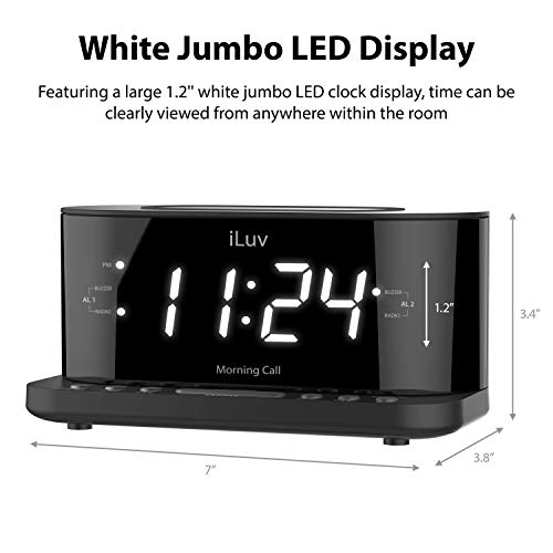 iLuv Morning Call 5 Qi-Certified Wireless Charging Bedside Digital Alarm Clock, 1.2" Jumbo LED Dual Alarm, FM Radio with 10 Presets, USB Charging Port, Sleep Timer, 3-Level Dimmer, Battery Backup - Thumbnail 2