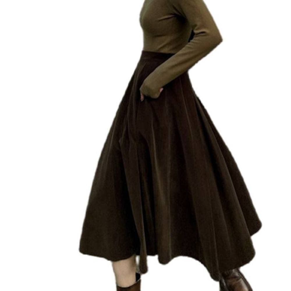 OZEO Gonne A Ruota,Gonna Midi da Donna Marrone Scuro Vita Alta Ombrello Plissettato in Velluto retrò Gonna A-Line Tinta Unita Increspato Elegante Gonne Lunghe per Ragazze Donna Autunno Inverno,S