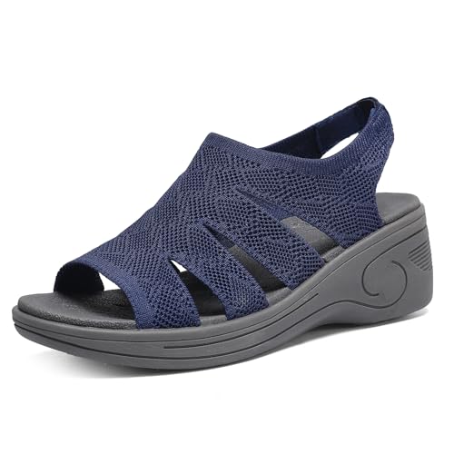 Image of Womens Wedge Sandals Platform Walking Sandals Open Toe Ankle Elastic Strap Casual Comfortable Summer Dressy