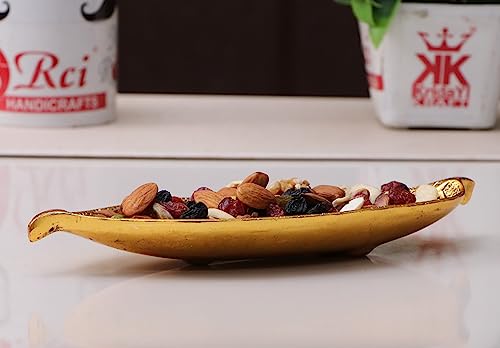 Image of KridayKraft Hand Crafted Metal Leaf Shape Tray with Collectible Art Perfect for Home Centre Table Serving Dry Fruits (Golden, Pack of 1)