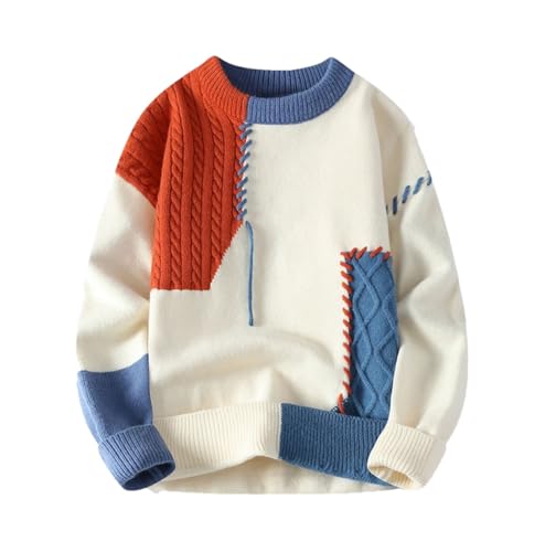 Men's Winter Patchwork Knit Pullover - O-Neck Warm Casual Loose Fashion Streetwear Y2k Knitted Sweater