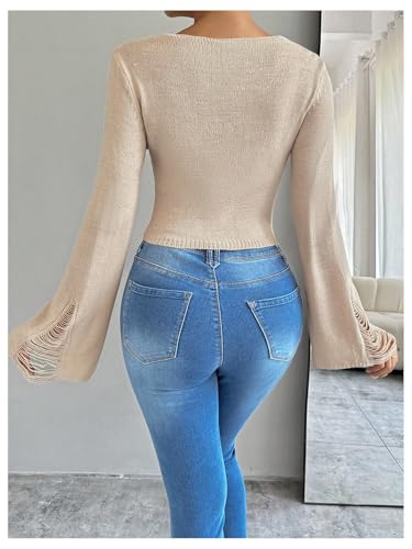 MakeMeChic Women's Long Sleeve Ripped Sweater Solid V Neck Crop Pullover Top2