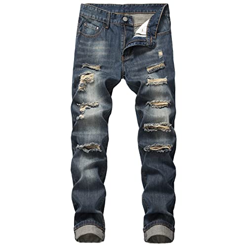 Maiyifu-GJ Ripped Jeans for Men Distressed Destroyed Regular Fit Denim Pants Straight Leg Washed Hip Hop Jean with Hole (Dark Blue 1,40)