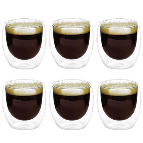 Nizirioo Set Di 6 Tazzine Caffe Vetro, 80ml Bicchieri Espresso Doppia Parete, Bicchieri Caffe Vetro Borosilicato Bicchierini Caffè Vetro Per Tè, Caffè, Latte, Cappuccino, Espresso, Cioccolata Calda