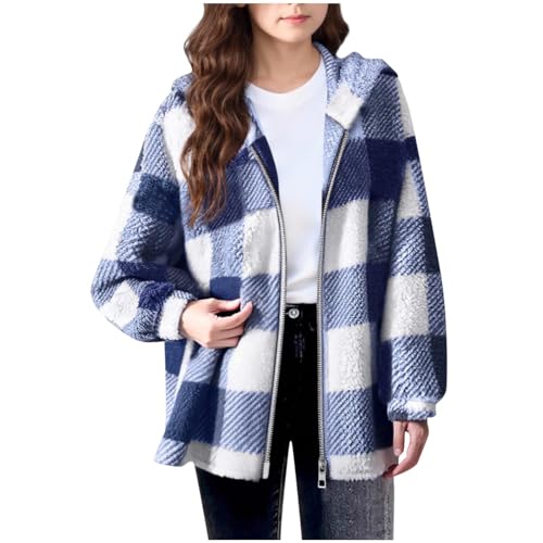 ABABC Girl's Fleece Jacket Zip Up Long Sleeve Fuzzy Fleece Hoodies Warm Fall Winter Hooded Plaid Coats with Pockets