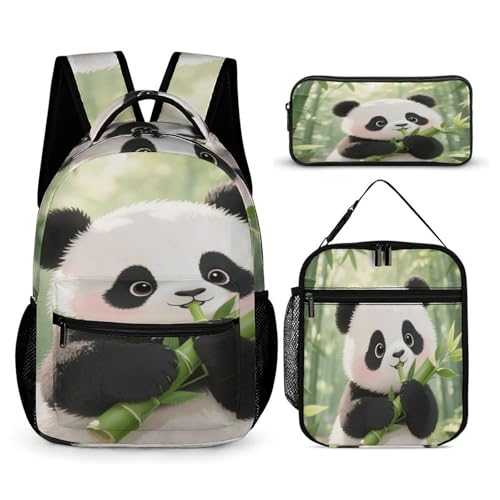 Bamboo Panda Printed Backpack With Lunch Pack Storage Box Case 3pcs Lightweight Travel Backpack