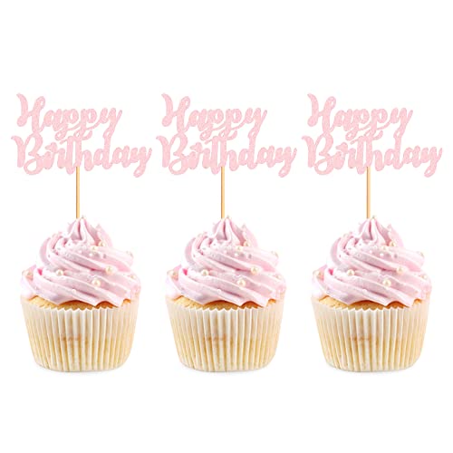 Blumomon 24Pcs Happy Birthday Cupcake Toppers Pink Glitter Birthday Cake Decorations Picks for Celebrating Birthday Party Decorations Supplies