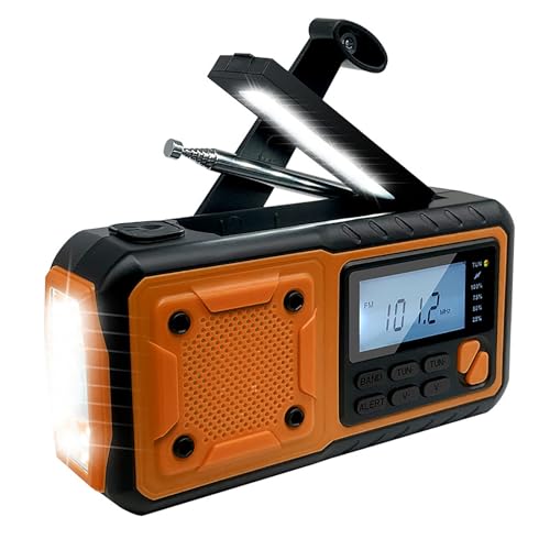 緊急ソーラークランクラジオ、AM/FM、LED懐中電灯、SOSアラート、USB充電ポート。