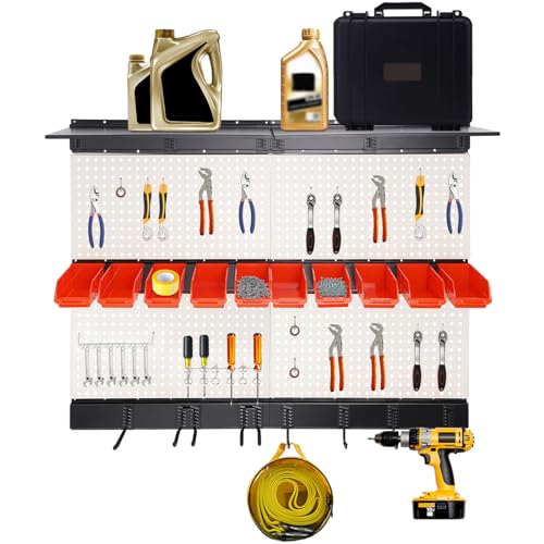 Tool Storage Kit Wall Utility Storage Kit with Toolboard Hooks & Accessories, Garage Storage Wall Organizer, Carbon Steel Pegboard for Garage With 10 Storage Bins