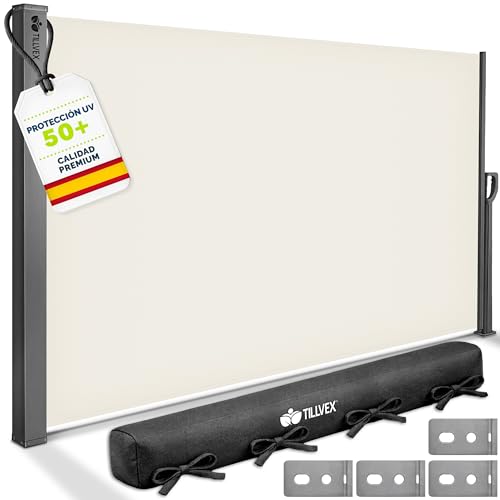 tillvex® Toldo Lateral 200 x 400 cm Extensible y Opaco con Cubierta | Protección Visual para balcón, jardín y terraza | Estor Lateral con Soporte de Pared | Protección Solar de Acero Inoxidable