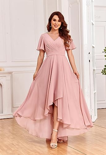 Women's High Low Bridesmaid Dresses for Women Chiffon Pleated V Neck Short Sleeves Formal Gown with Slit4