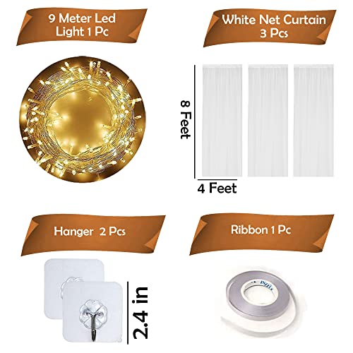 Image of Party Propz White Net Curtain for Decoration with Fairy Lights (9m), White Canopy Tent for Decorations, Birthday Backdrop for Decoration, Backdrop Decorations(7pcs)