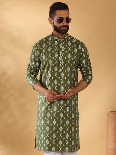 Image of KRAFT INDIA Men's Cotton Blend Geometric Printed Straight Long Regular Kurta and Elastic Waistband Pyjama Set