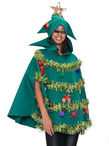 Anuedgis Women's Christmas Tree Poncho Costume Tinsel Bow Hairballs Decor Hooded Cloak Cape Xmas Fancy Cosplay Dress up Party Outfits (A-Green, M)